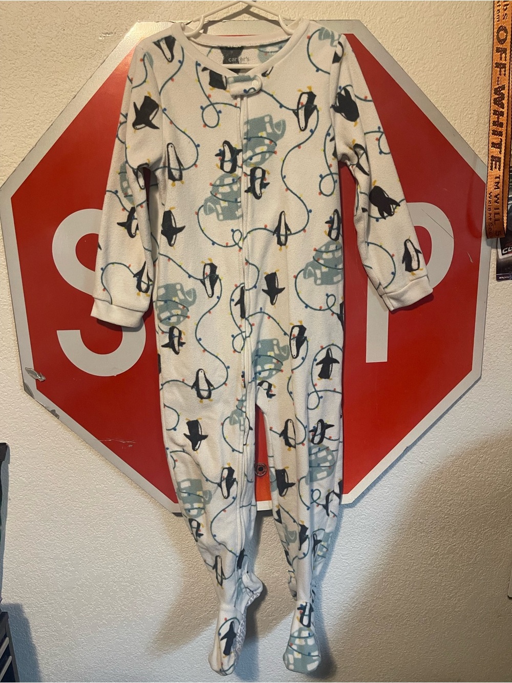 Carter's White Penguin & Light Blue Sled Footed One-Piece Pajamas